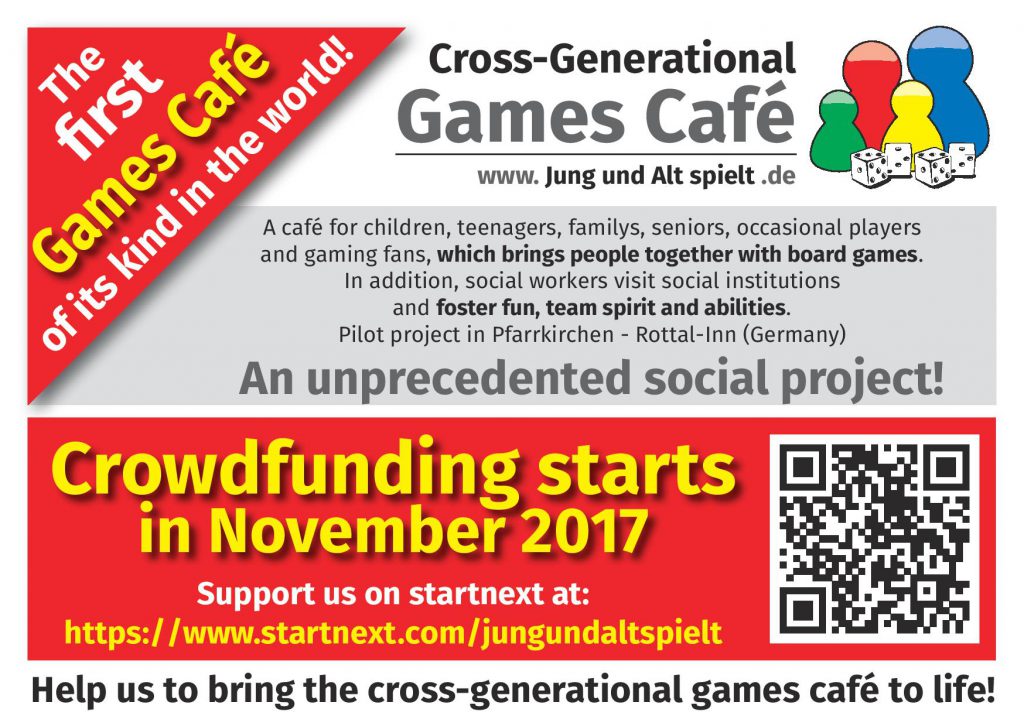 Bild: Flyer Spielecafé Crowdfunding starts in Englisch