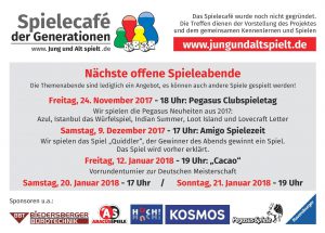 Bild: Flyer des Spielecafés mit den nächsten Veranstaltungen
