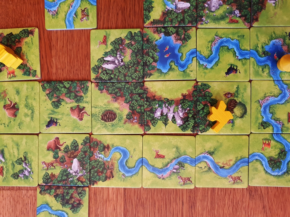 Aufgebautes Spielfeld zum Ende einer Partie. Eine grosse, zusammenhängende Wiese mit zahlreichen Wildtieren.