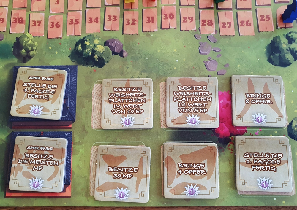 Zielplättchen und Emdplättchen auf dem Spielplan