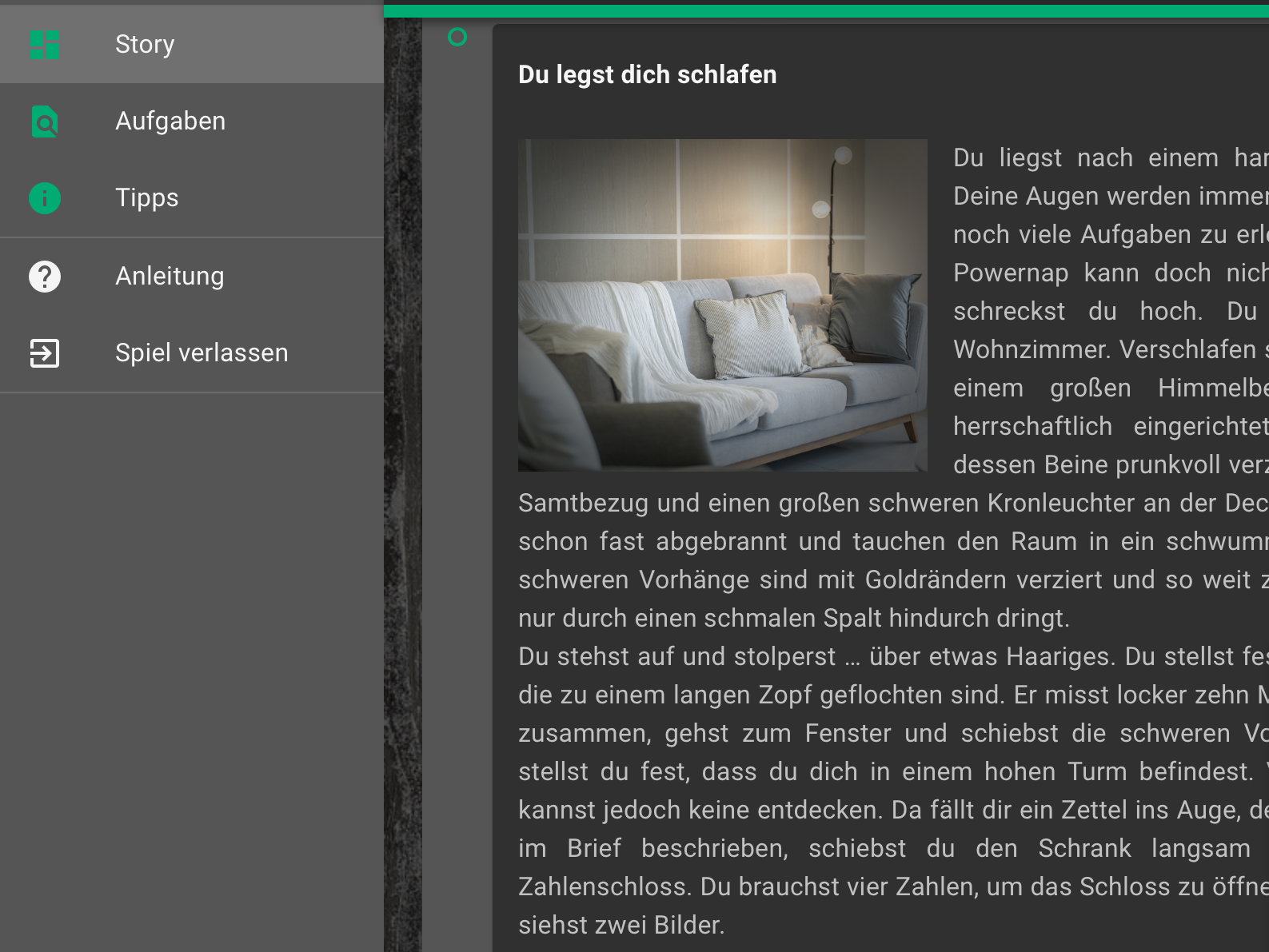 Jeder Rätselbereich beginnt mit einem stimmungsvollen TExt