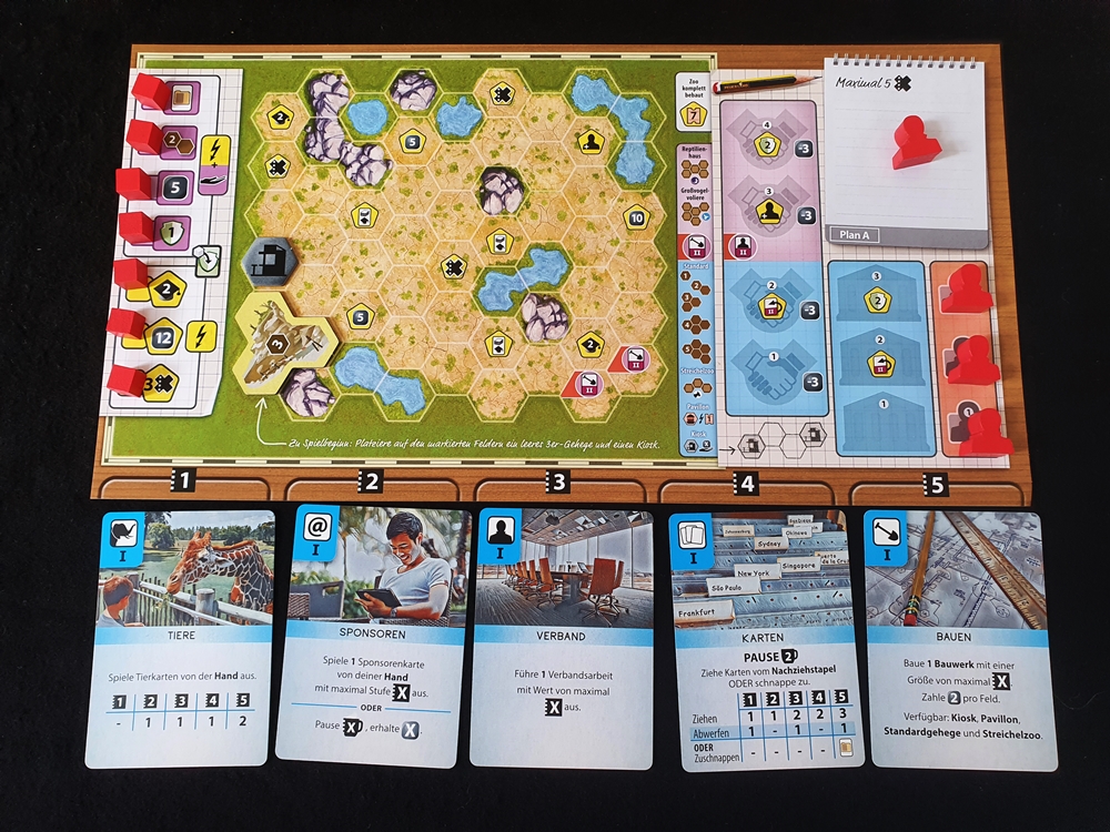 Auslage eines Spielenden mit Zooplan, Fortschrittsmarkern und Aktionskarten