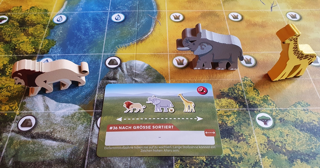 Aktionskarte und die Tiere auf dem Spielplan, die den Auftrag erfüllen