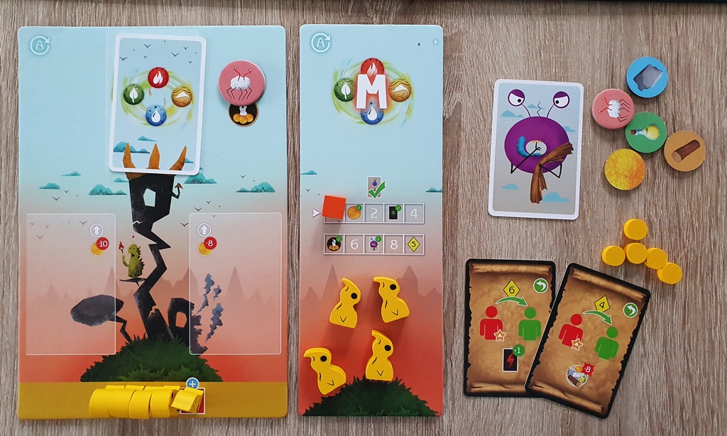 Spielertableaus zum Start, Spielfiguren, Anfangskarten und -ressourcen