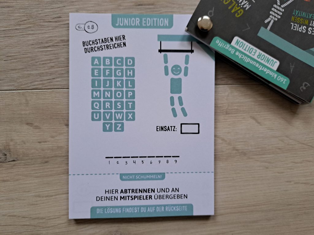 Vorderseite vom Spielblatt