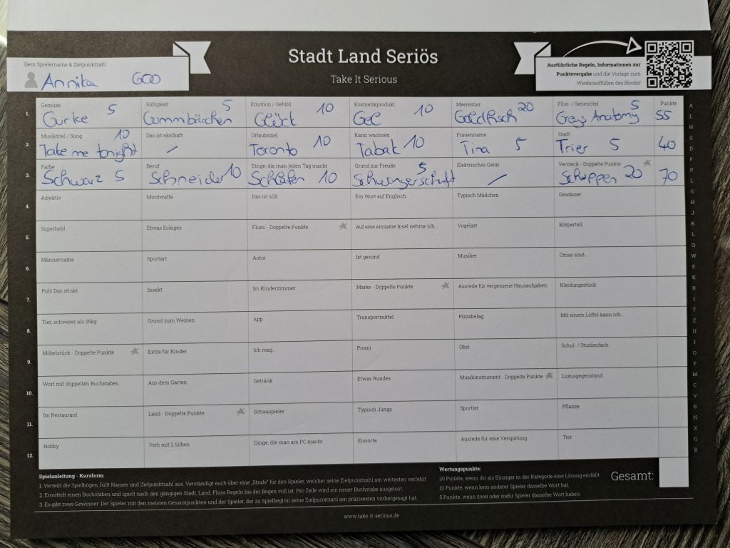 Spielblatt nach 3 Spielrunden