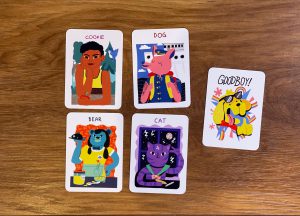 Auf dem Bild sind die 5 unterschiedlichen Kartenarten abgebildet: Cookie, Dog, Bear, Cat und Good Boy