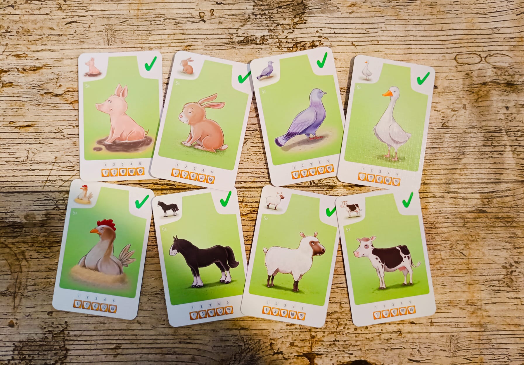 Es gibt acht Tiere. Schweine, Hasen, Tauben, Gänse, Hühner, Pferde, Schafe und Kühe. 