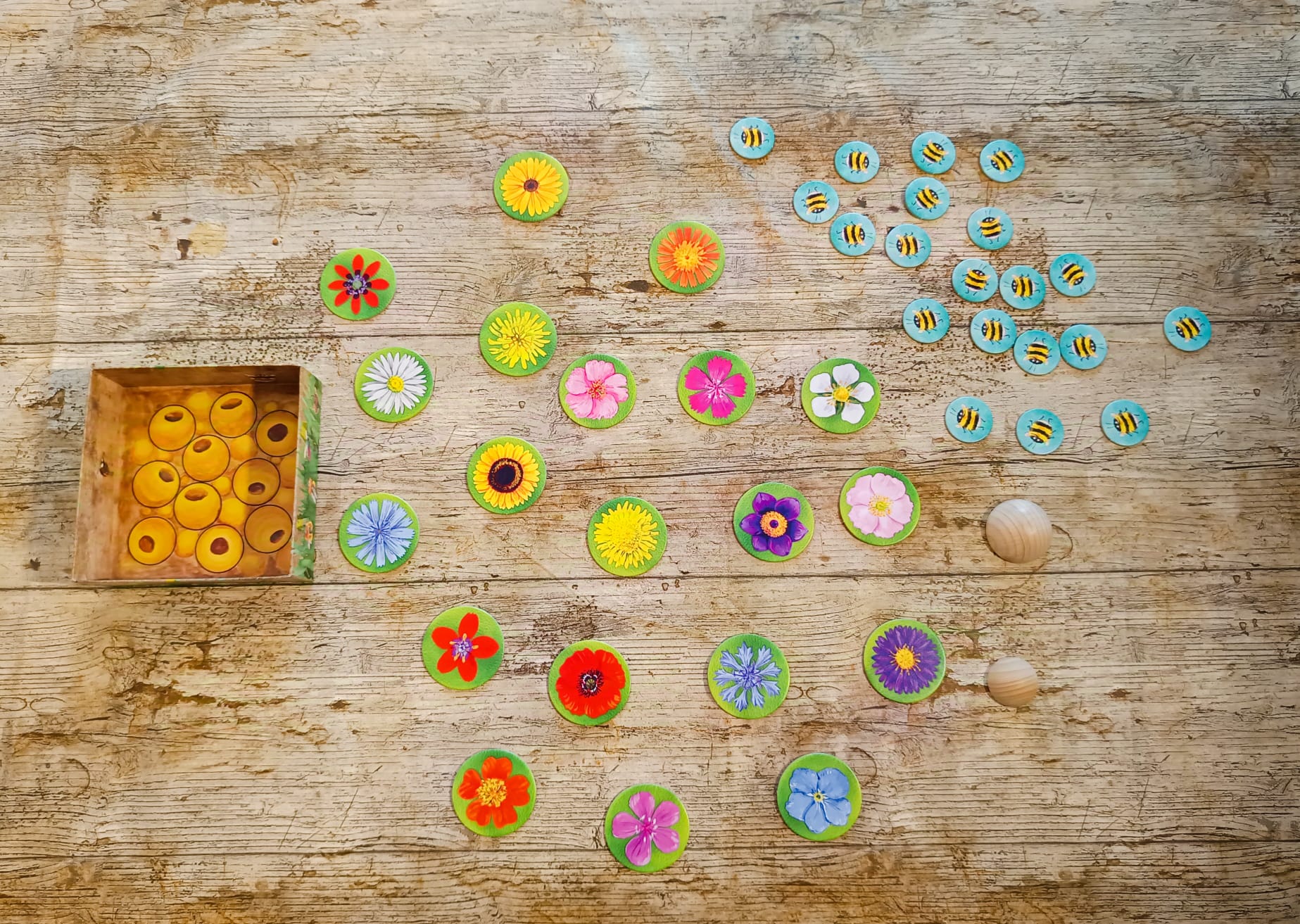 Auf dem Tisch werden die Blumenplättchen großzügig verteilt.