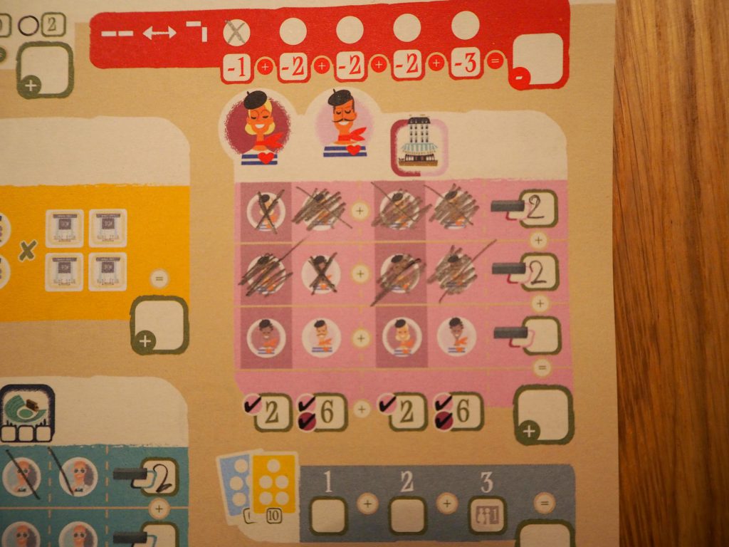 Spielerbogen mit verschiedenfarbigen Feldern zum Ankreuzen von Fahrgästen und Zielen.