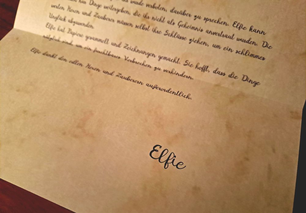 Zu sehen ist ein Teil des Briefes den die Elfe Elfie an den magischen Orden gesendet hat.