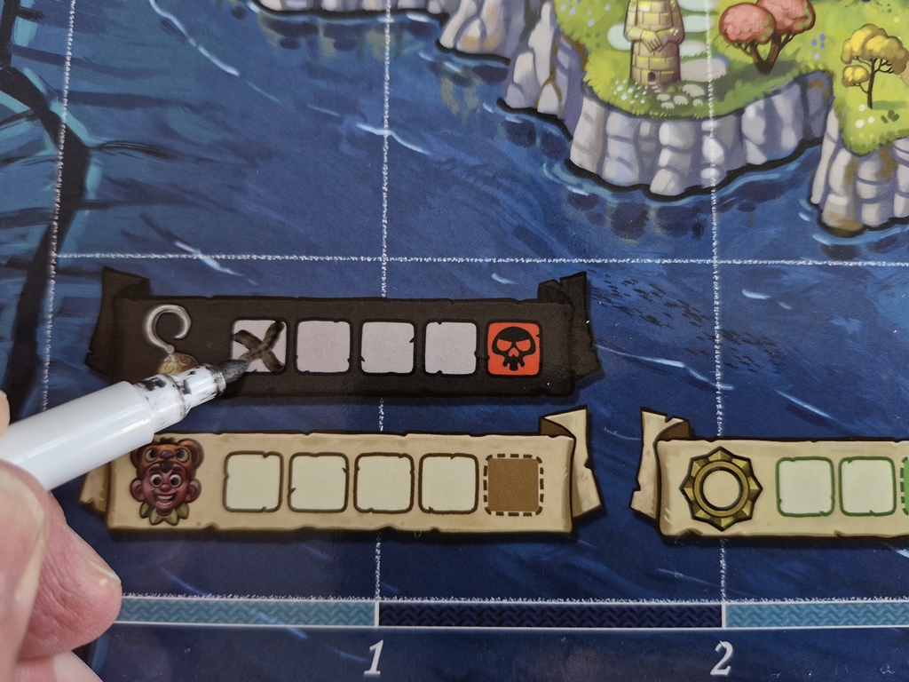 Die Begegnung mit Hook erfordert ein Kreuz in einem Feld auf dem Spielplan