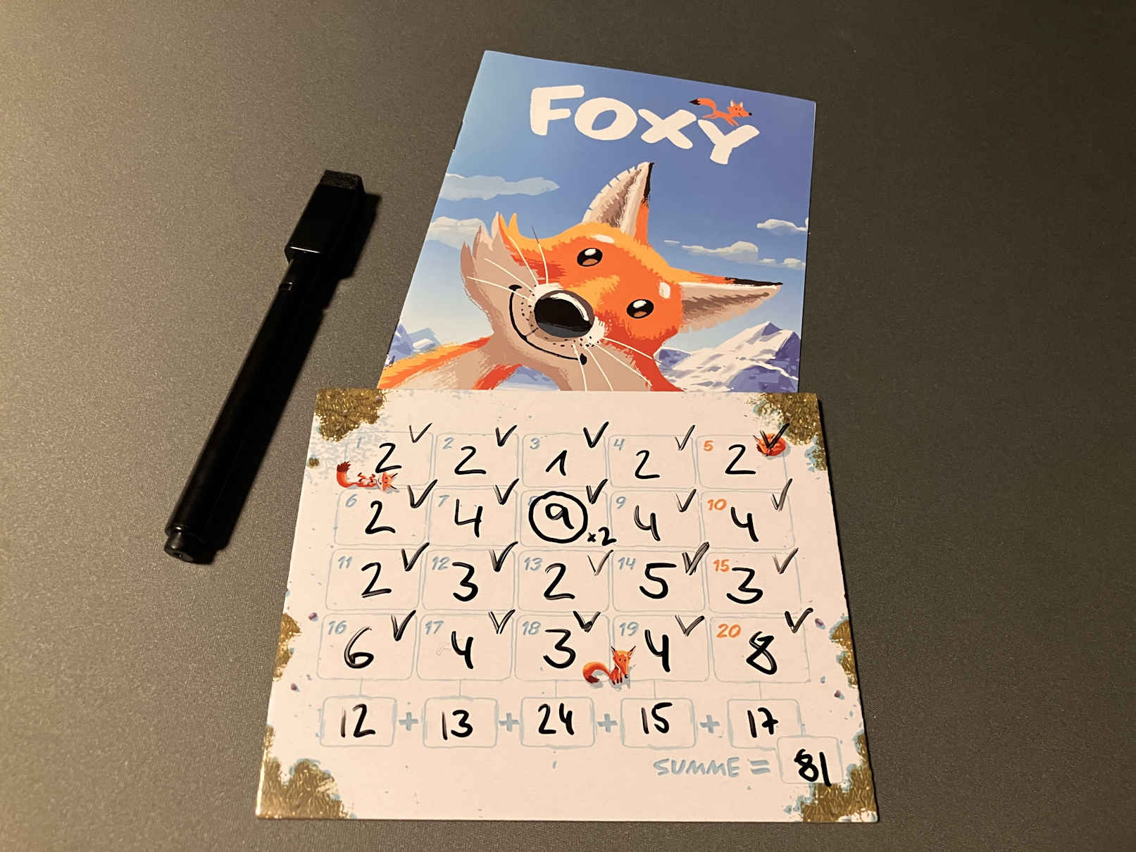 Die Auswertung vor der Spielanleitung liegend.