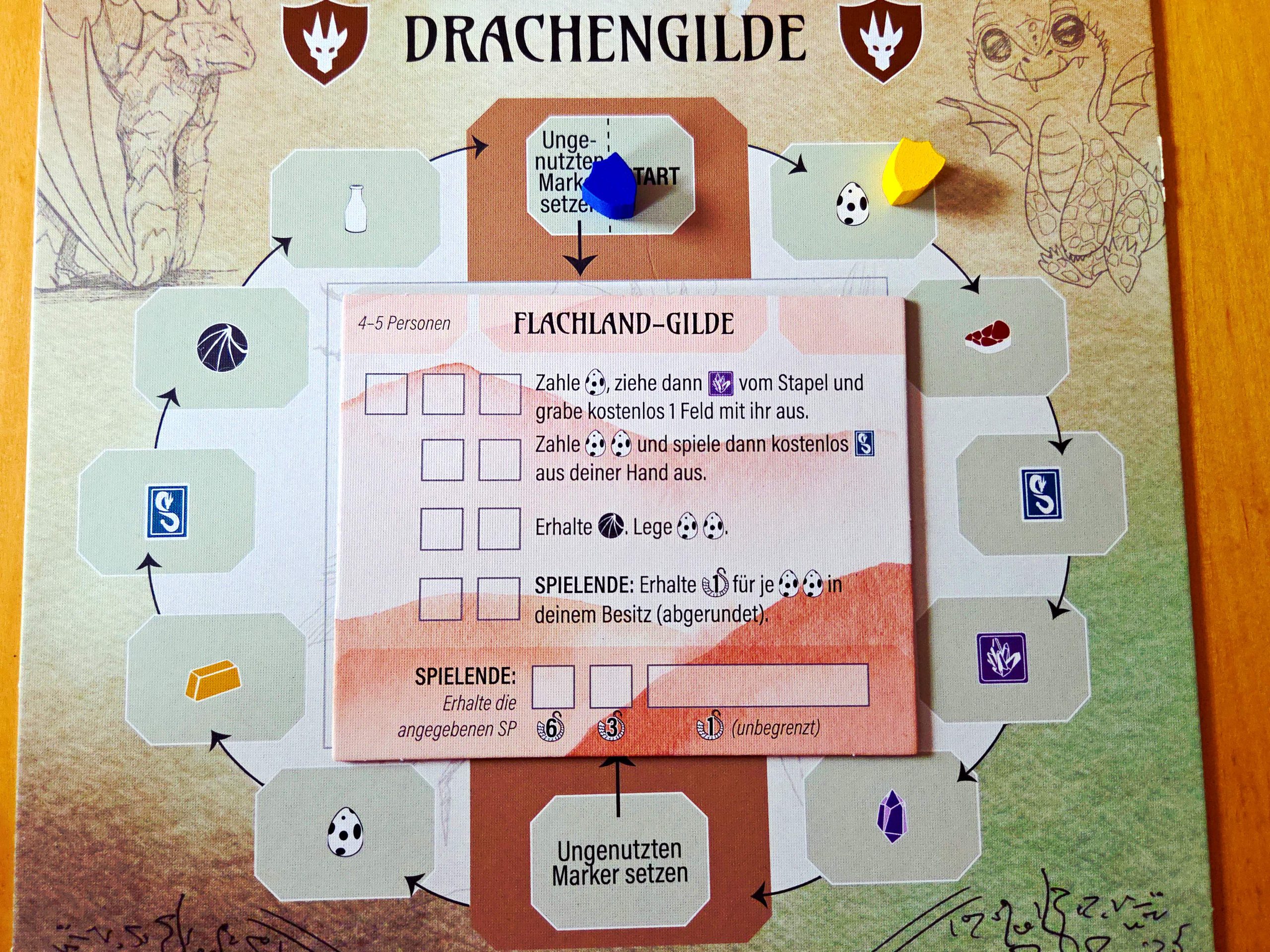 Zu sehen ist die Drachengilde. Ein allgemeiner Spielplan die den Spielenden Boni einbringen.