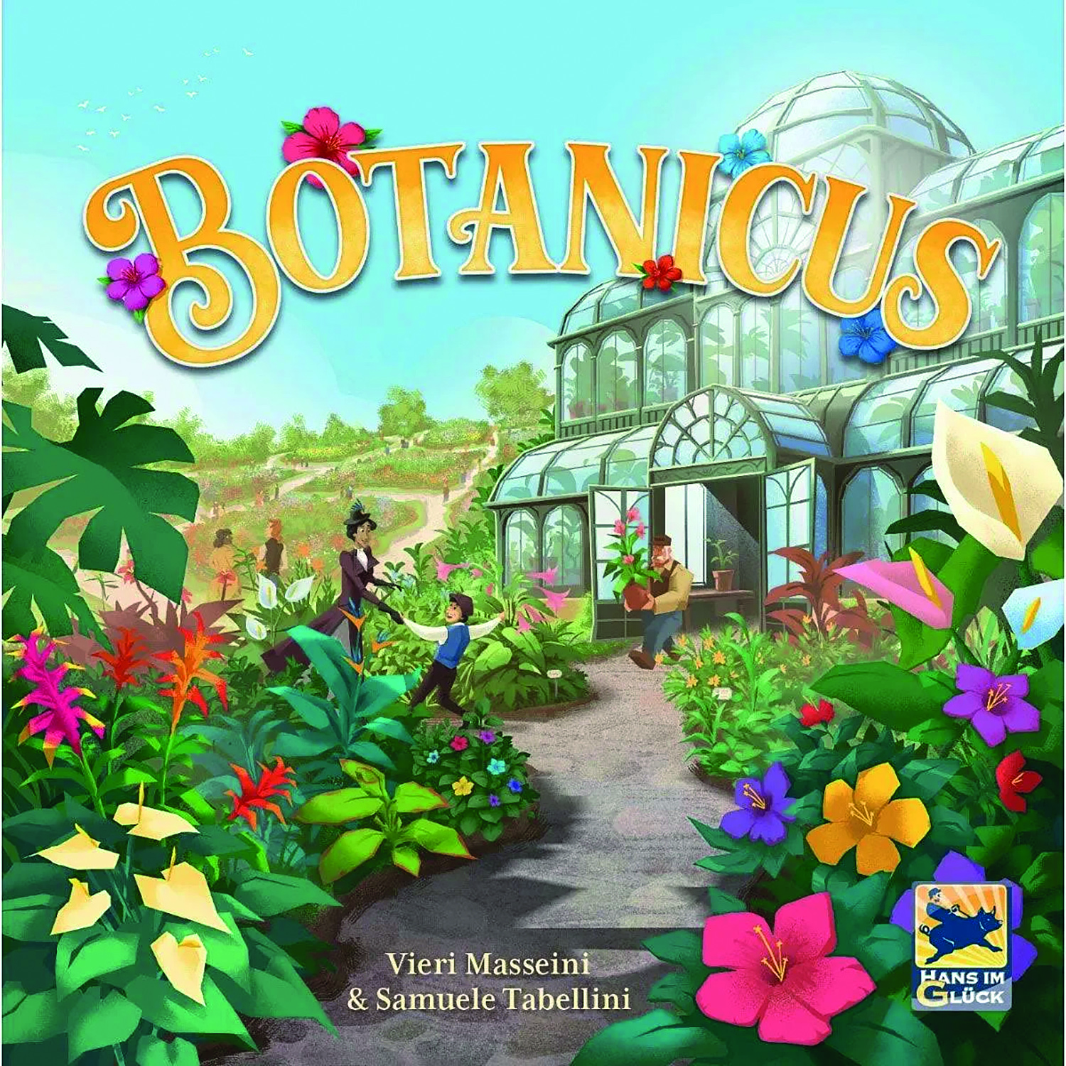 Botanicus: der Spielekarton zeigt eine Gartenlandschaft mit Orangerie