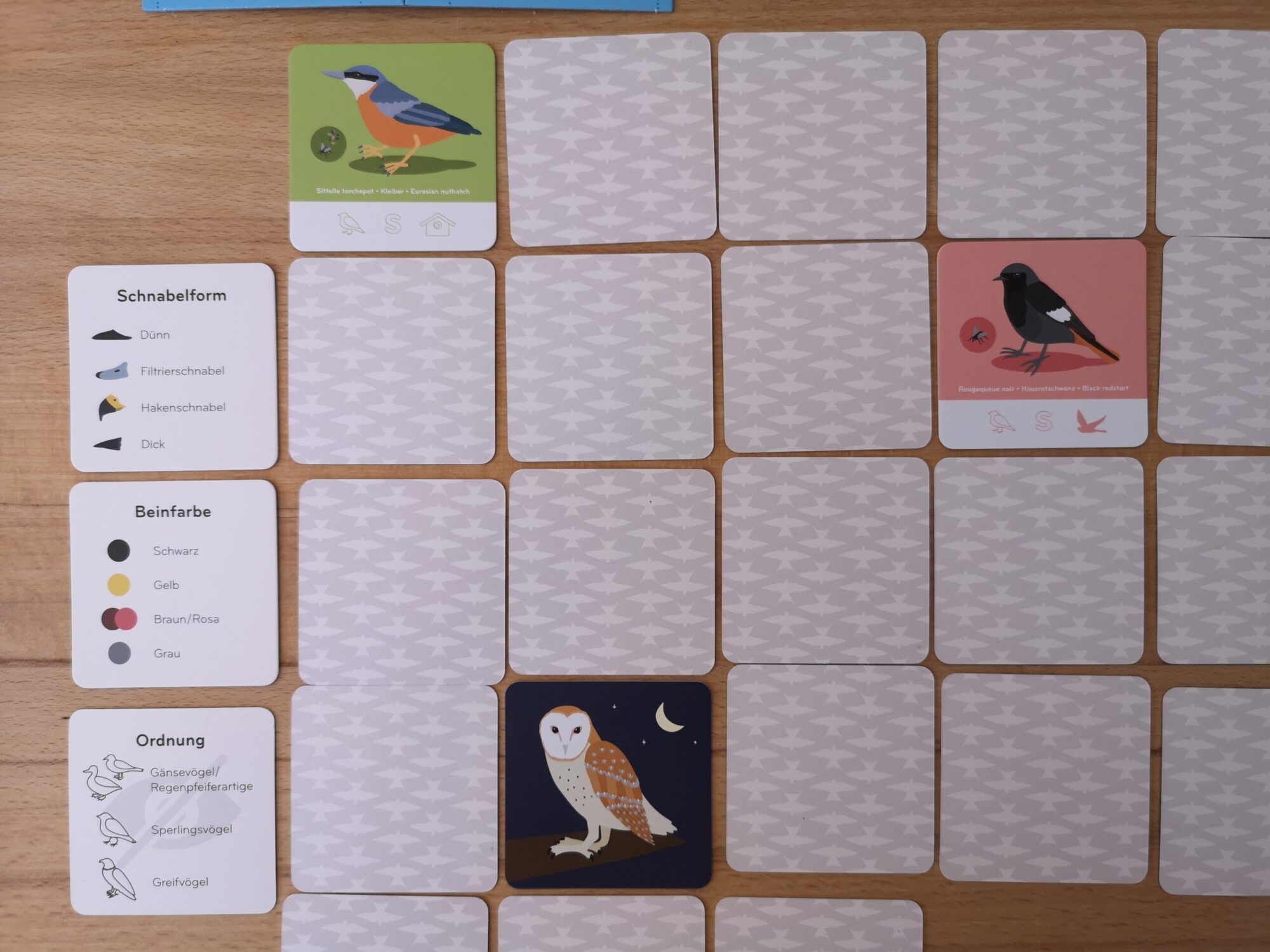 Eine typische Spielsituation von Fly Home ist zu sehen: Verdeckte Karten liegen in einem Raster, drei der Karten wurden aufgedeckt. Neben dem Kartenraster liegen die Merkmale.