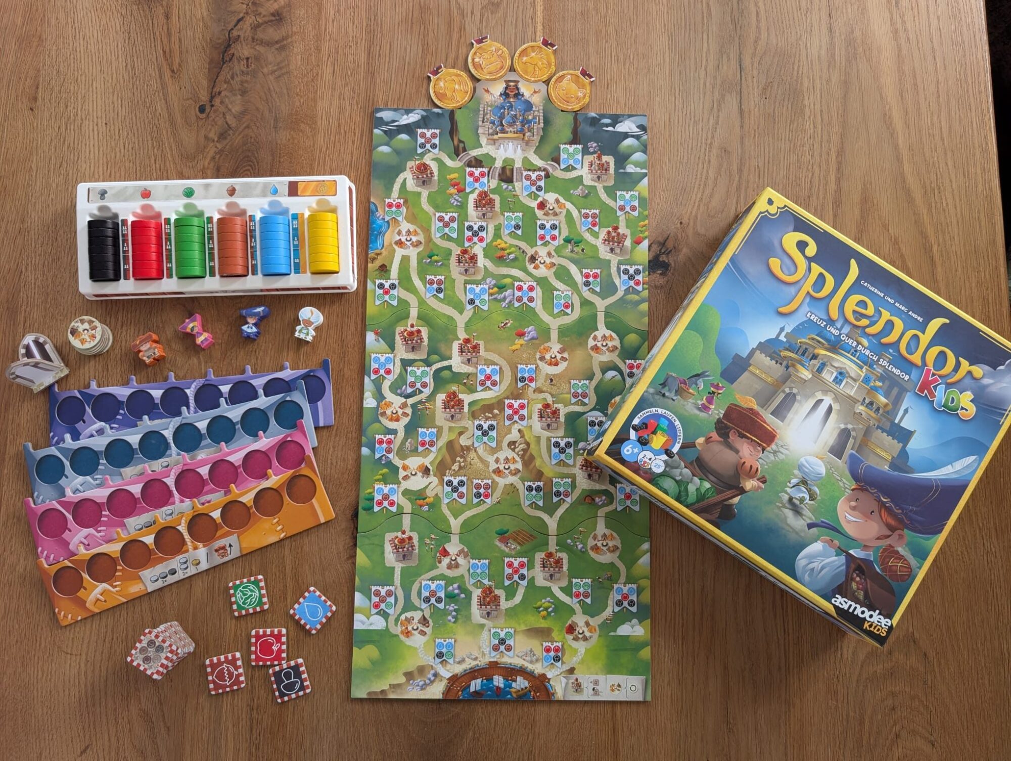 Auf dem Foto ist der gesamte Inhalt des Spiels Spelndor Kids zu sehen.