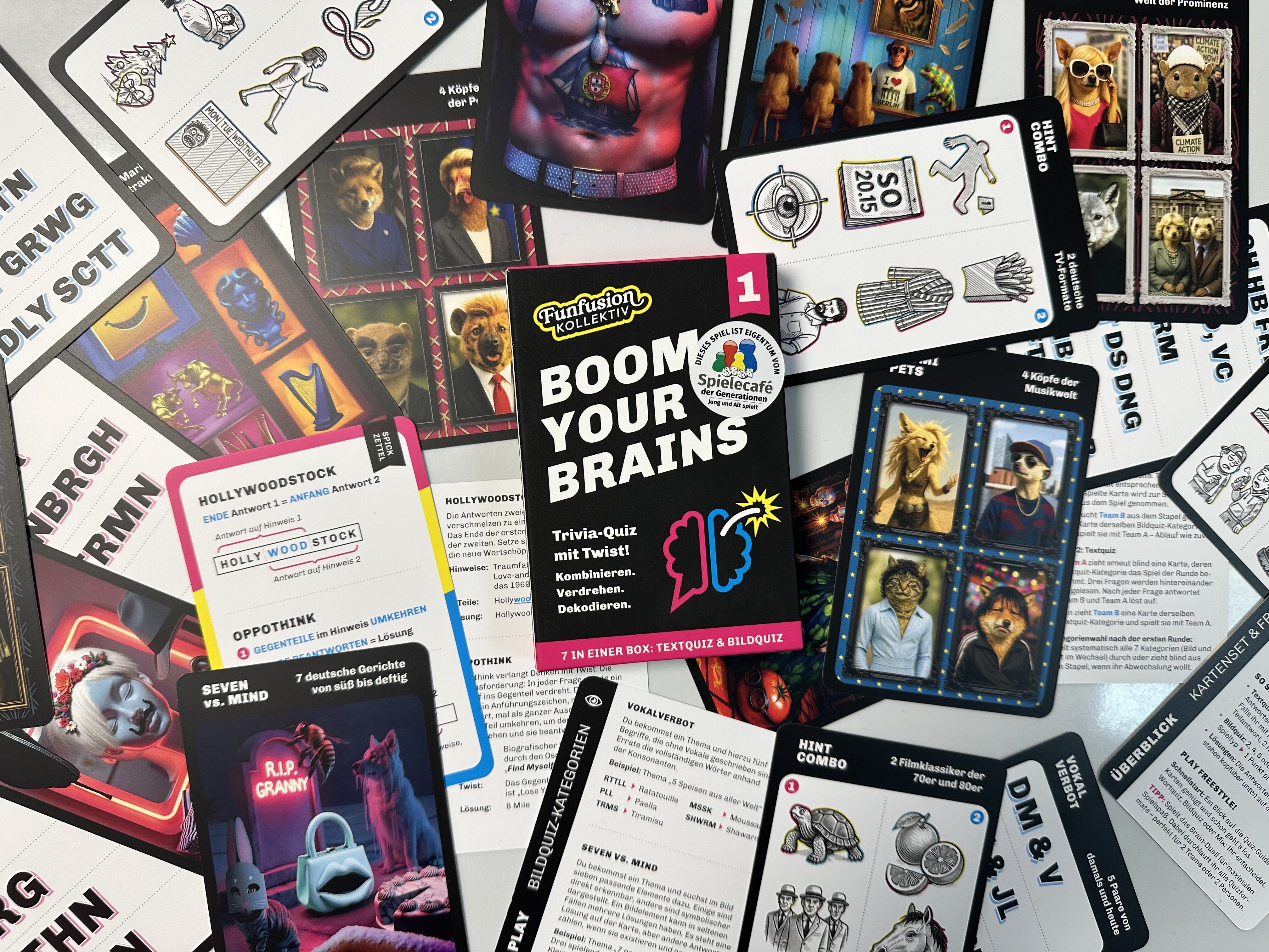 Boom Your Brains: Bild der Spielschachtel und einigen Karten