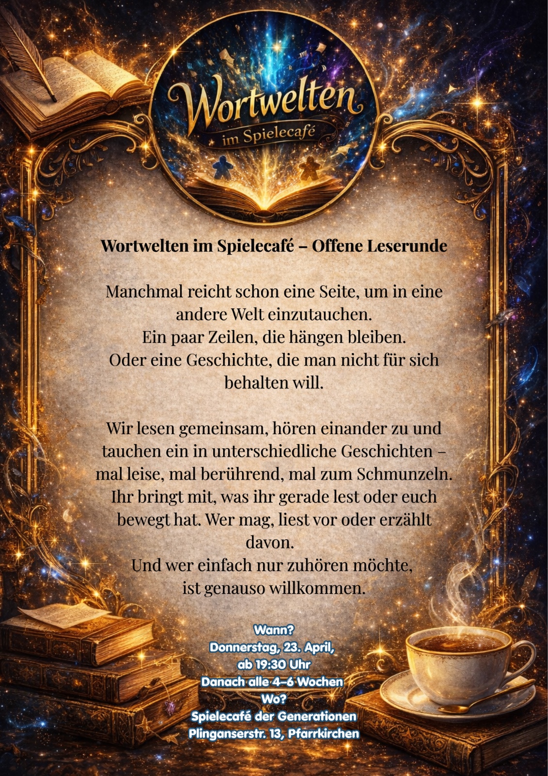 Manchmal reicht schon eine Seite um in eine andere Welt einzutauchen. Ein paar Zeilen, die hängen bleiben. Oder eine Geschichte, die man nicht für sich behalten will. Wir lesen gemeinsam, hören einander zu und tauchen ein in unterschiedliche GEschichten – mal leise, mal berührend, mal zum Schmunzeln. Ihr bringt mit, was ihr gerade lest oder was euch bewegt hat. Wer mag, liest vor oder erzählt davon. Wer einfach nur zuhören möchte ist ebenso willkommen.