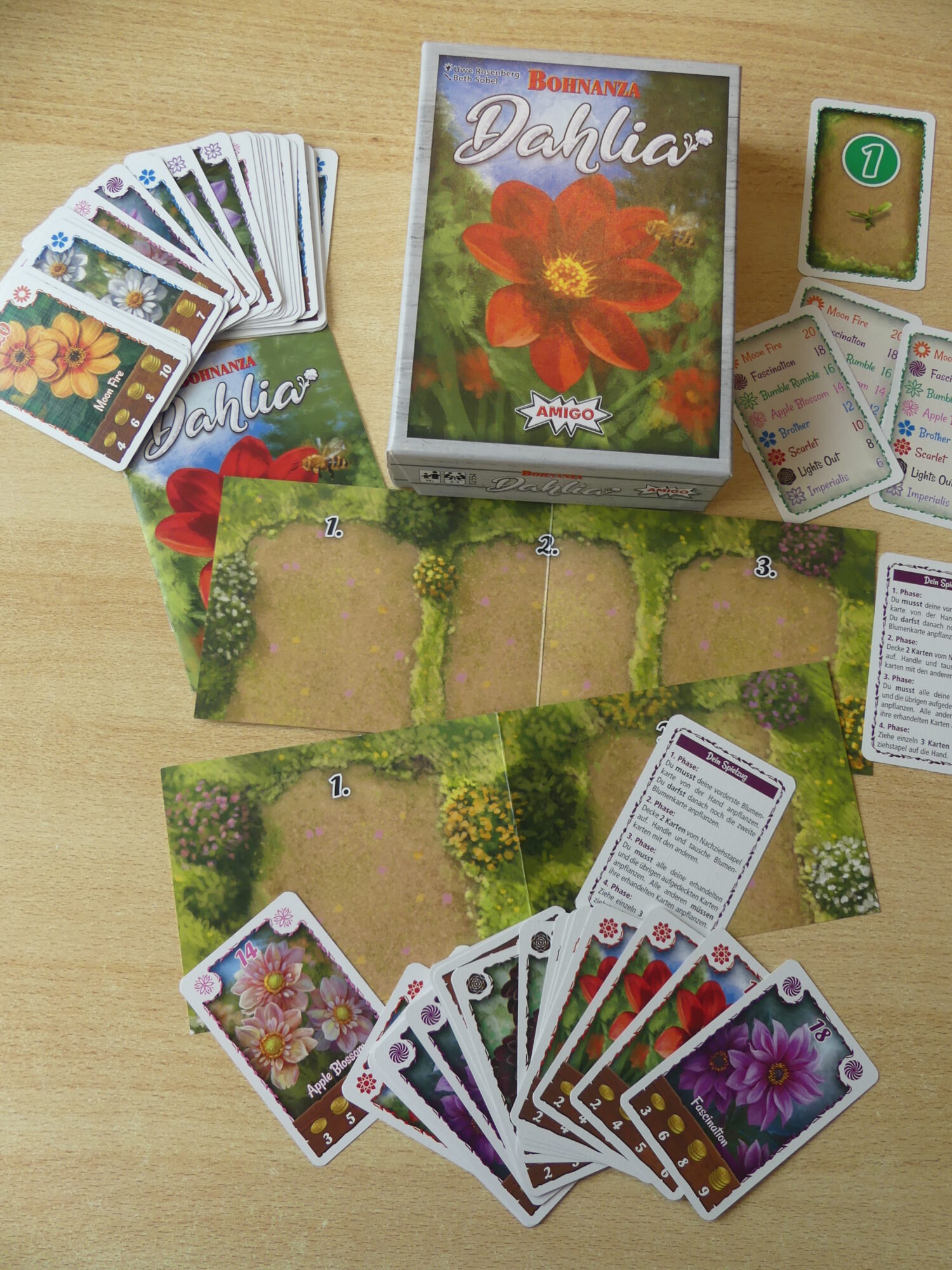 BONANZA Dahlia: Verpackung und Spielmaterial